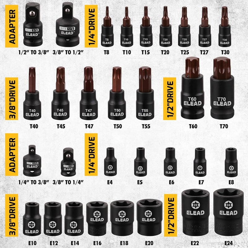 ELEAD 31-Piece Torx Bit Socket Set: Premium CR-V & S2 Alloy Steel, Star T8-T70 & E-Torx E4-E24, High Torque Laser Marked for Automotive Mechanic - Image 5